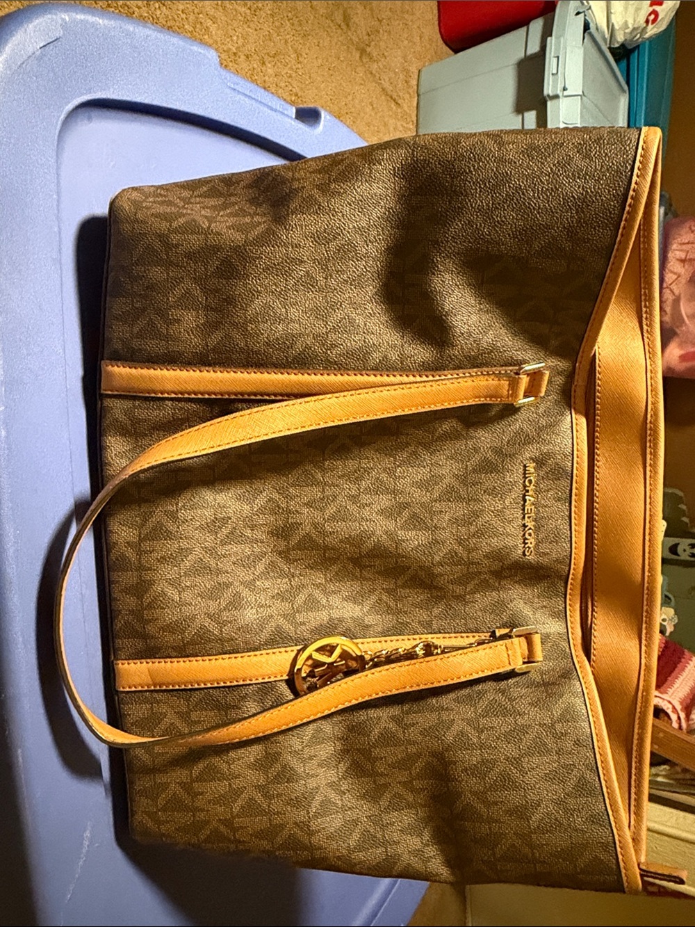 Michael Kors Brown Monogram Tote with Tan Trim and Gold Logo